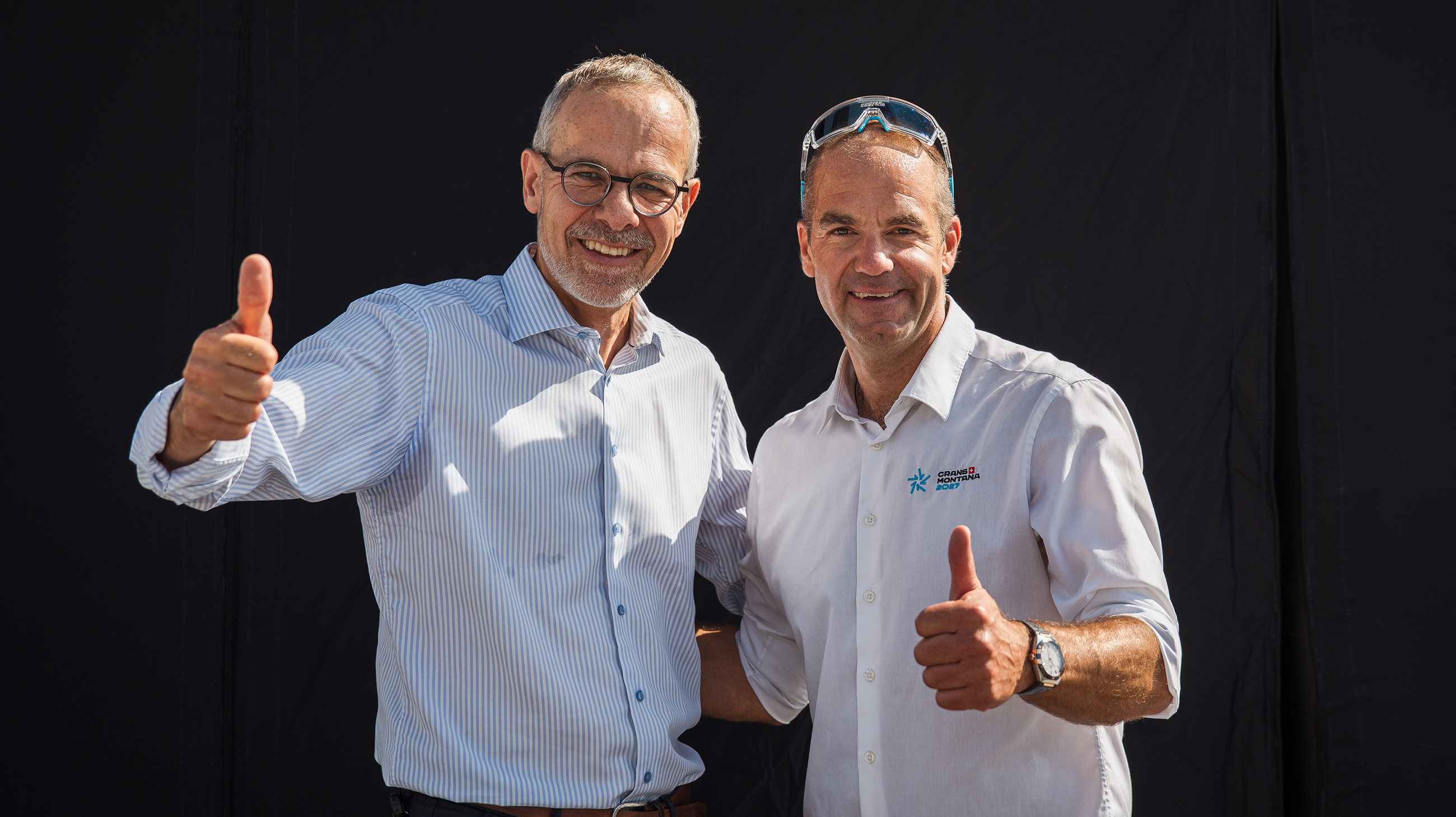 De g. à d. : Marc Heim, directeur de la division Suisse d'Emmi Groupe / Didier Défago, CEO, Crans-Montana 2027.